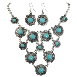 Turquoise Dot Coin Bib Necklace Earrings Set